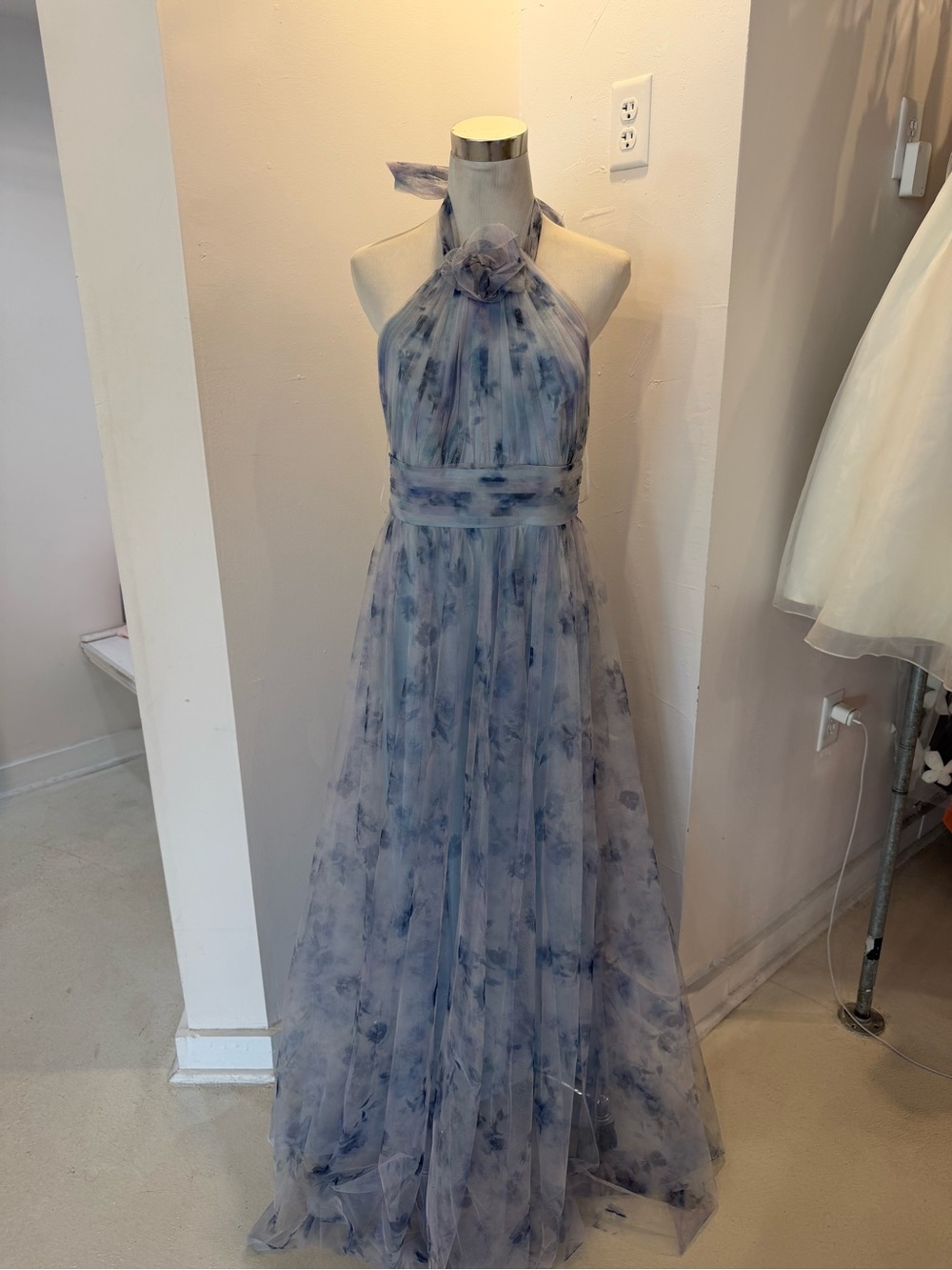 Blue Halter Floral Tulle Gown